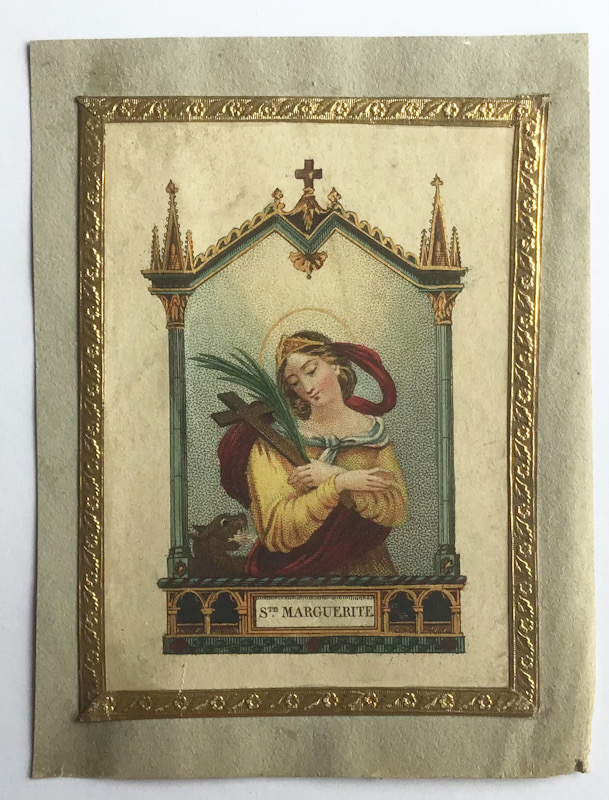 1800s hand coloured & gilt St Marguerite picture prayer card